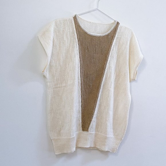 Light Knit Sweater Vest Cap Sleeve Cream and Tan Women Sleeveless Top Sz M/L - Picture 4 of 7